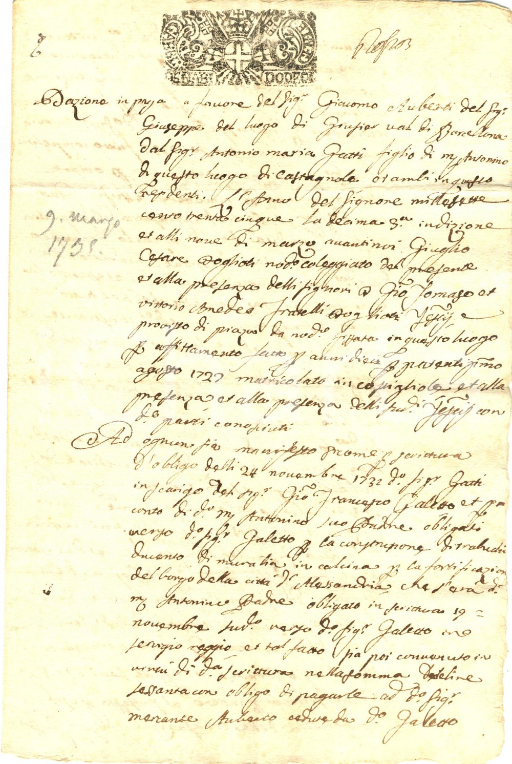 Documento originale, autentico 1738 CASTAGNOLE LANZE AT Dazione a Giacomo AUBERTO debito Antonio Maria GATTI 1