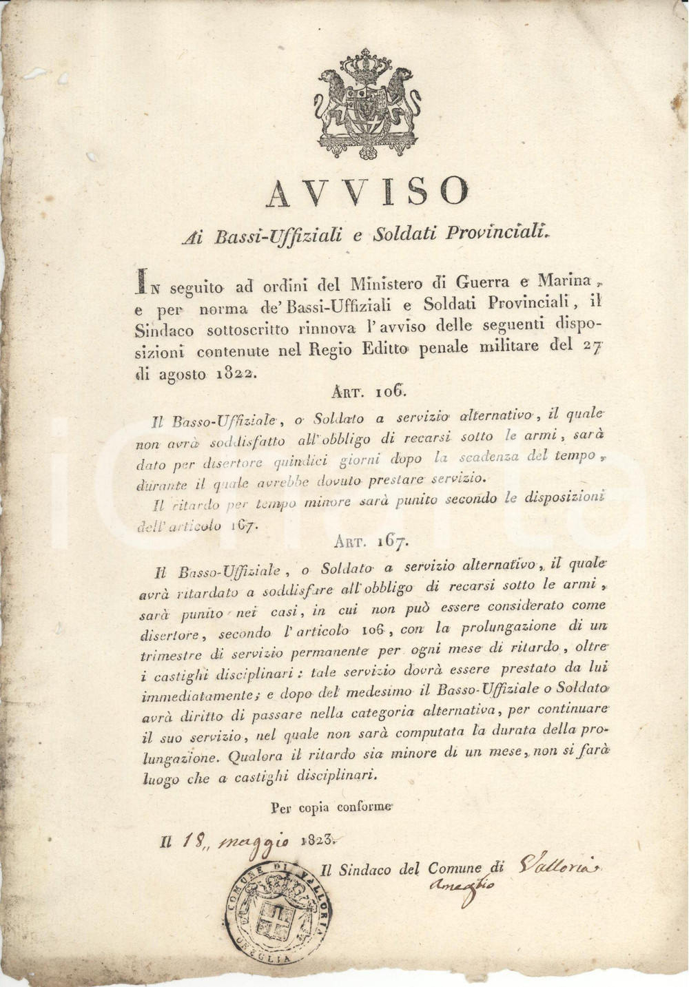 Documento originale, autentico 1823 ONEGLIA (IM) Obbligo leva bassi ufficiali e soldati provinciali *Manifesto 1