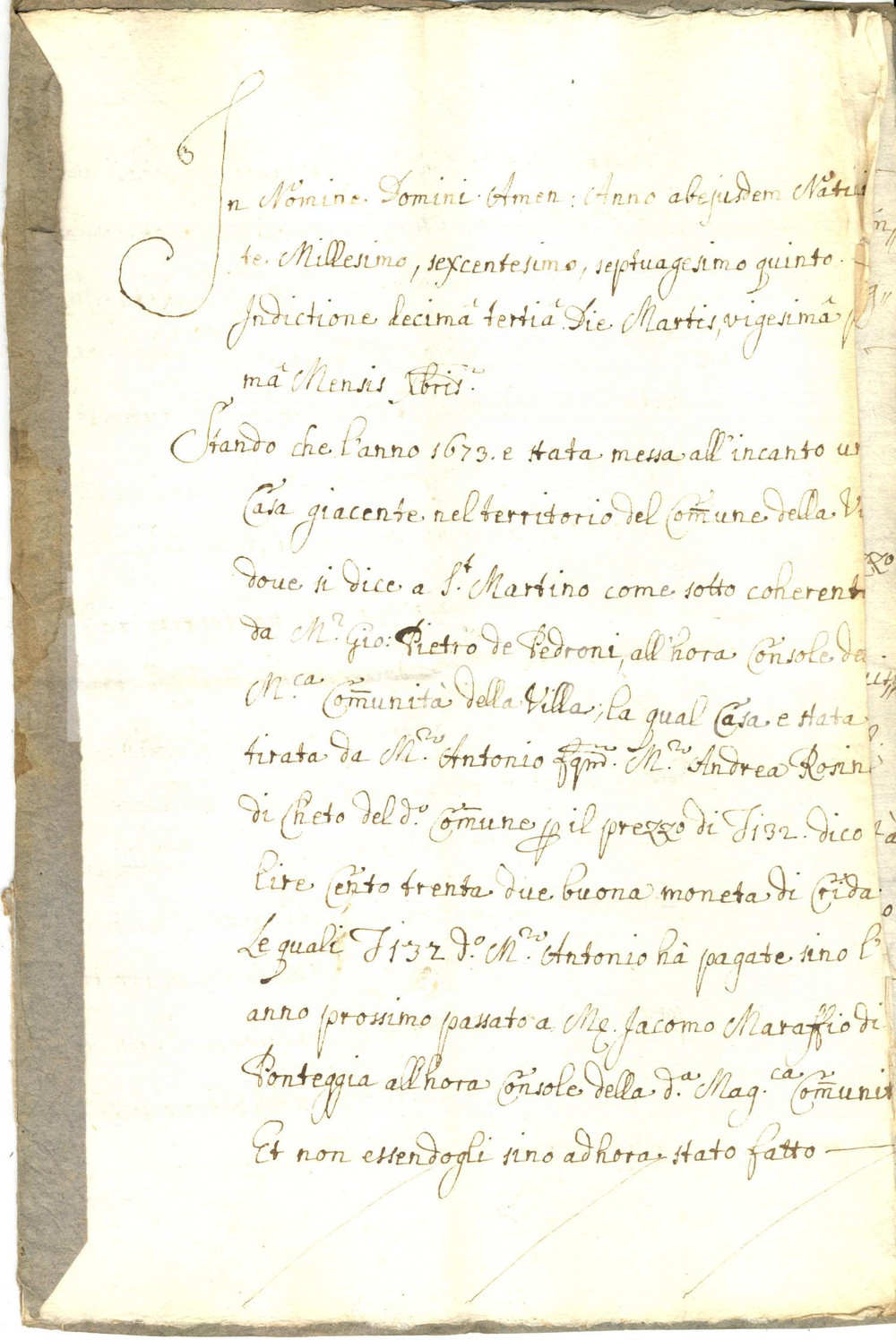 Documento originale, autentico 1675 VILLA DI CHIAVENNA Console Sebastiano DE BERLINI vende casa Antonio ROSINA 1