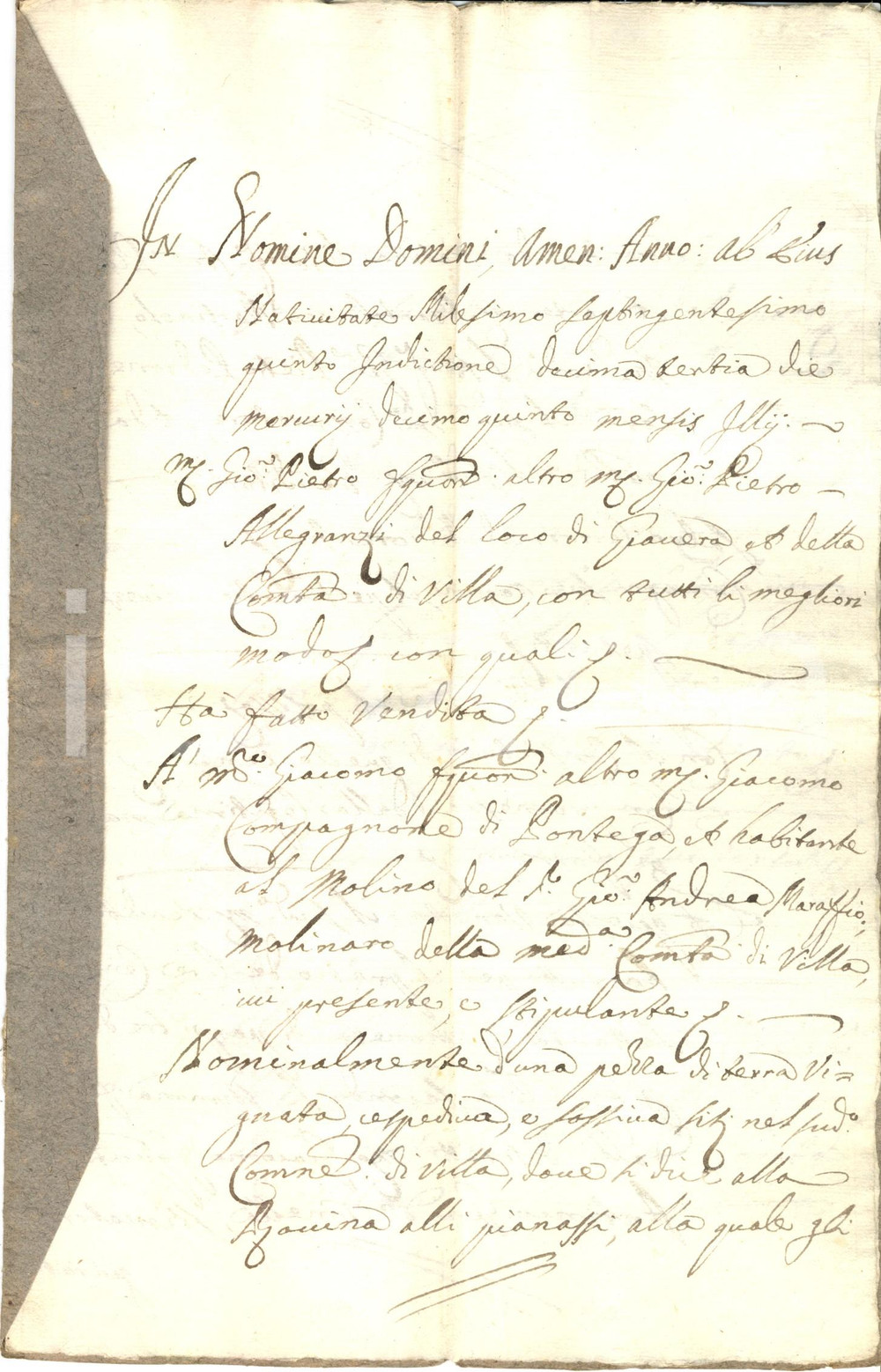 Documento originale, autentico 1705 VILLA DI CHIAVENNA (SO) Pietro ALLEGRANZI vende terra a Giacomo COMPAGNONE 1
