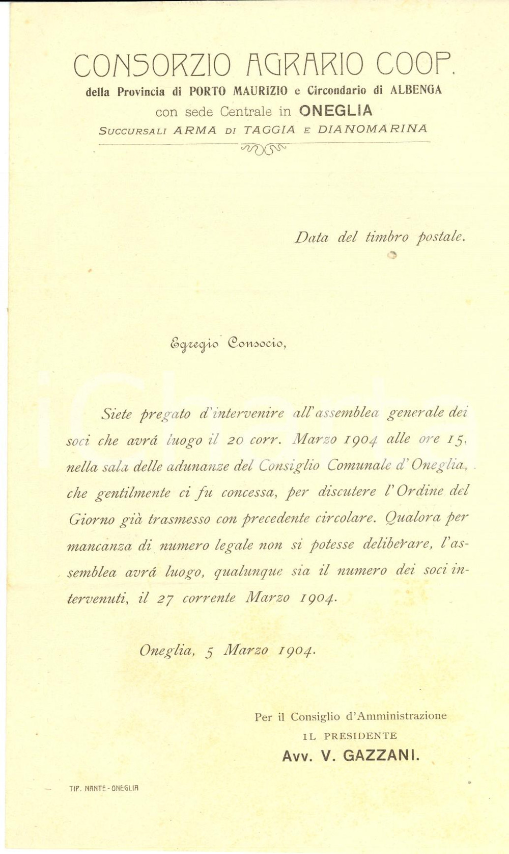 Manoscritto, lettera originale 1904 ONEGLIA IM Assemblea soci CONSORZIO AGRARIO COOPERATIVO Lettera 1