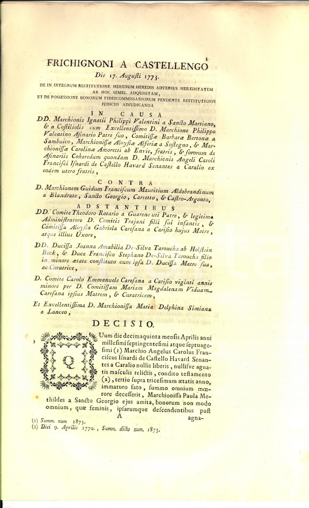 Documento originale, autentico 1773 CARAGLIO CN Lite per eredità marchese Angelo ISNARDI DE CASTELLO HAVARD 1