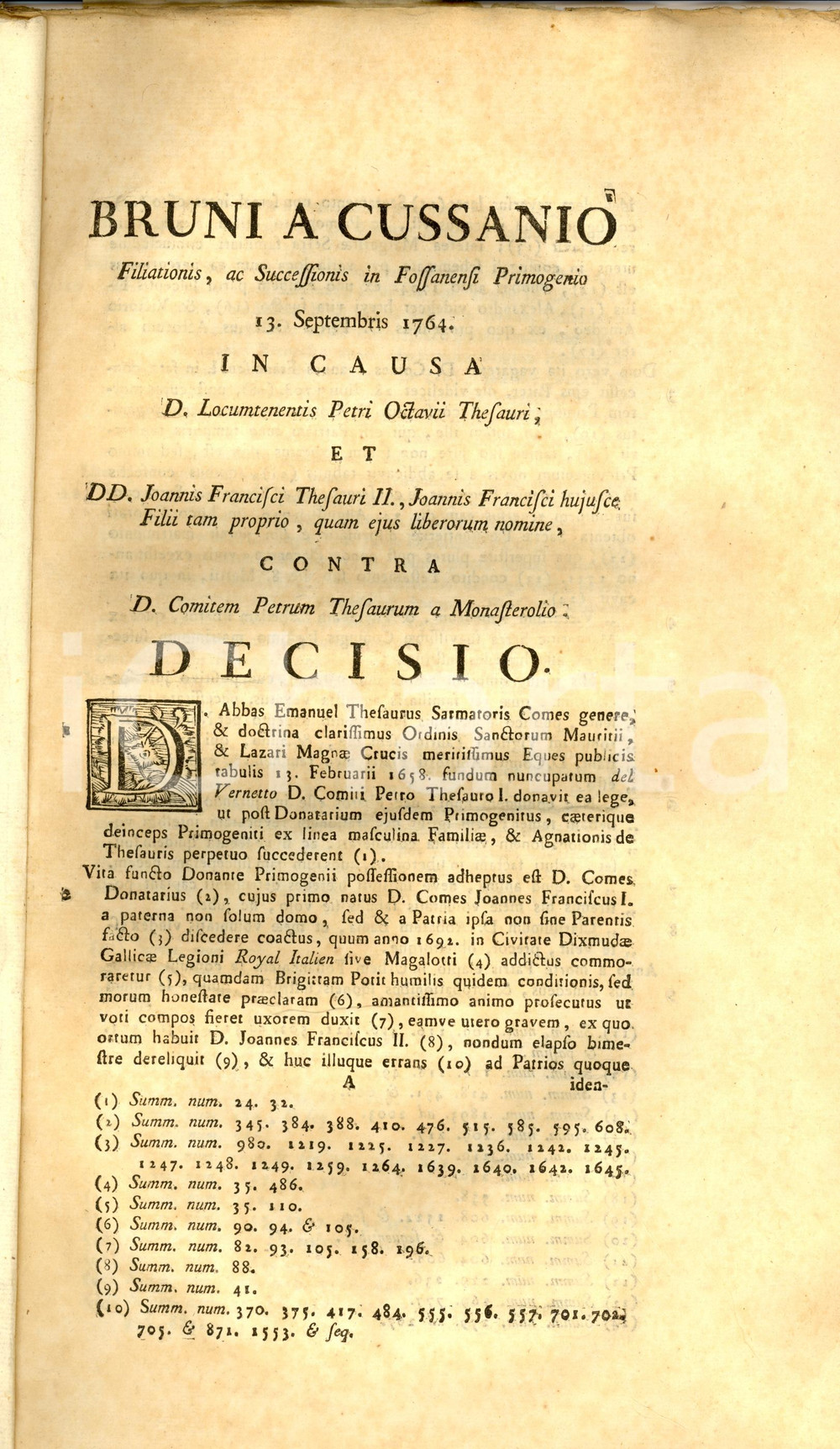 Documento originale, autentico 1764 FOSSANO CN Primogenitura nobili TESAURI per fondo DEL VERNETTO 1