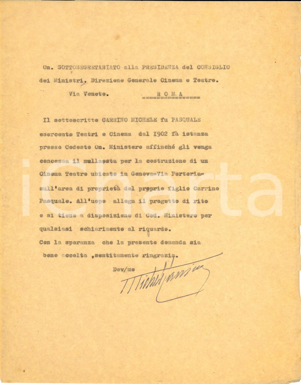 Documento originale, autentico 1949 GENOVA Michele CARRINO chiede licenza per nuovo cinema in via PORTORIA 1
