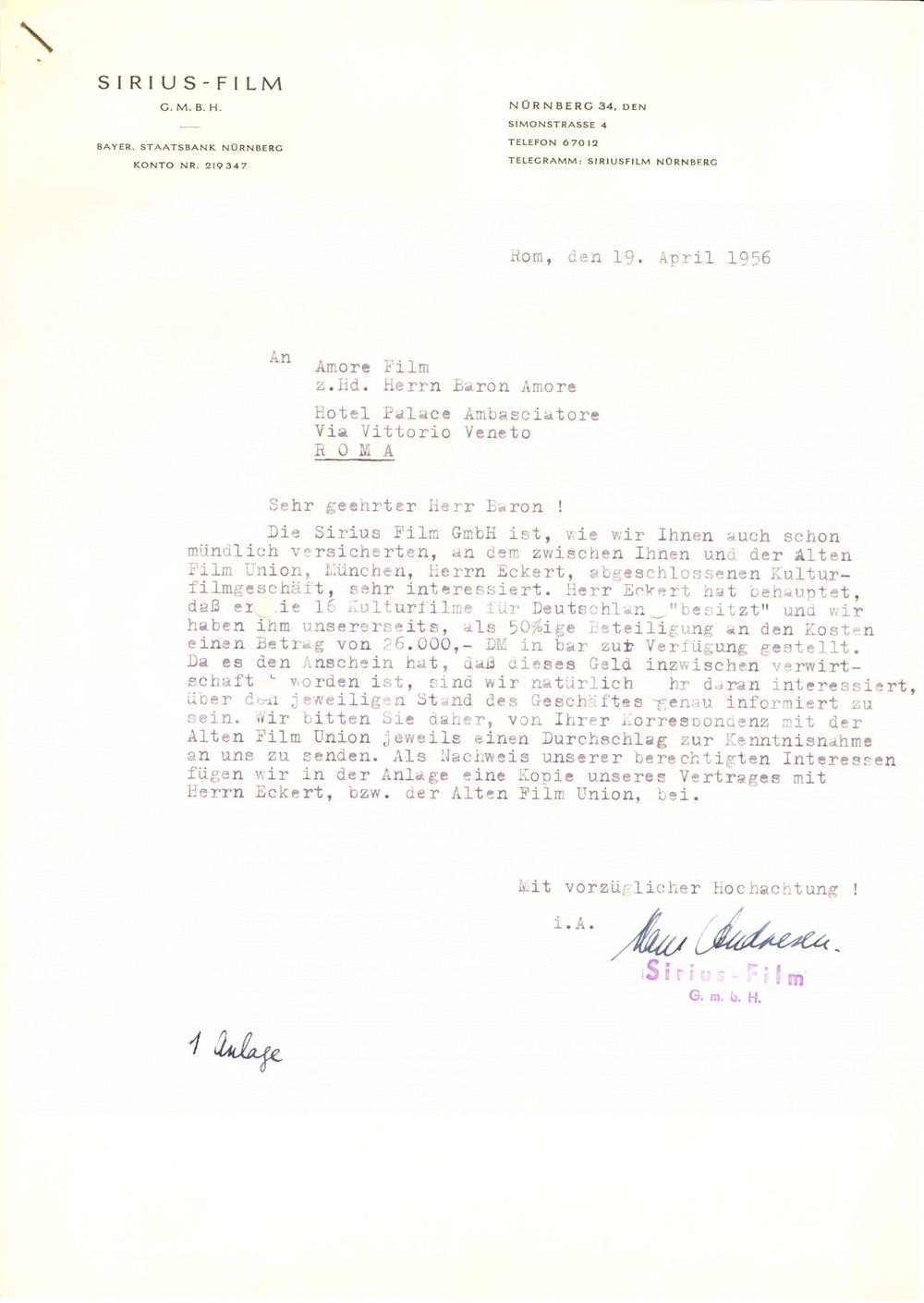 Manoscritto, lettera originale 1956 NURNBERG SIRIUS FILM GmbH Richiesta rendiconto produzione cinematografica 1