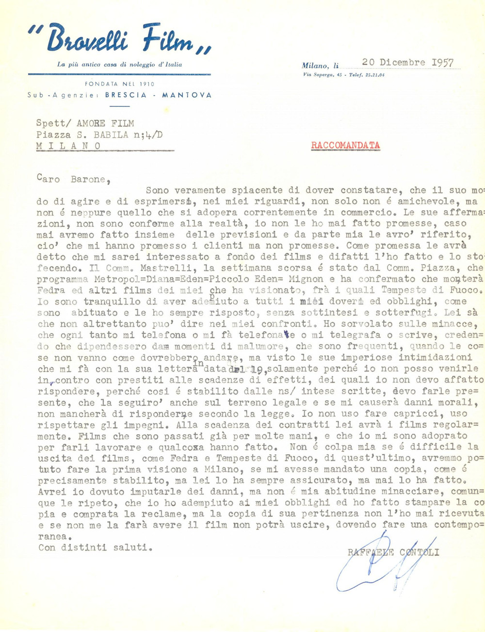 Manoscritto, lettera originale 1957 MILANO Raffale CONTOLI della BROVELLI FILM minacciato dalla AMORE FILM 1
