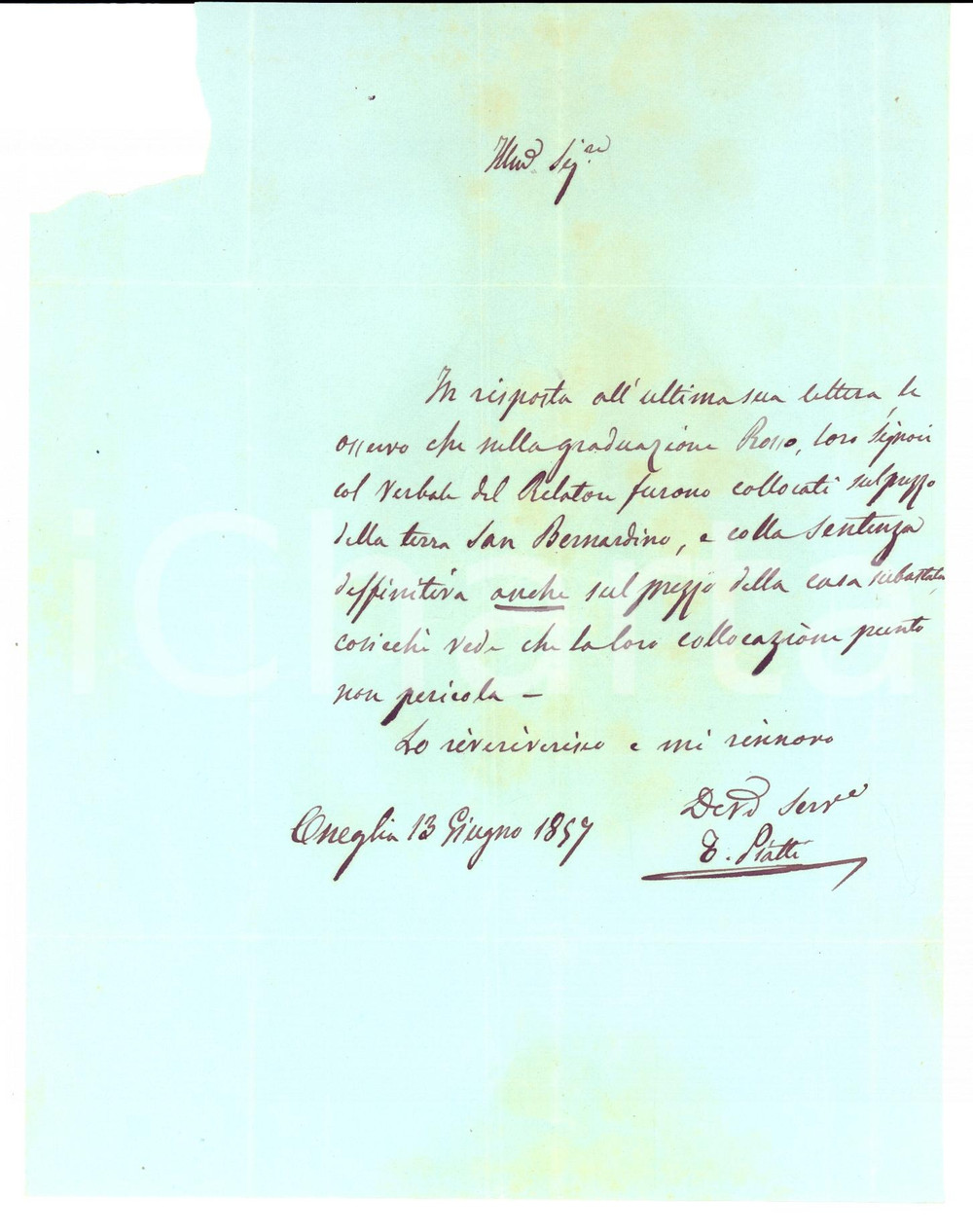 Manoscritto, lettera originale 1857 ONEGLIA IM Famiglia BONFANTE acquisisce terre a SAN BERNARDINO Lettera 1