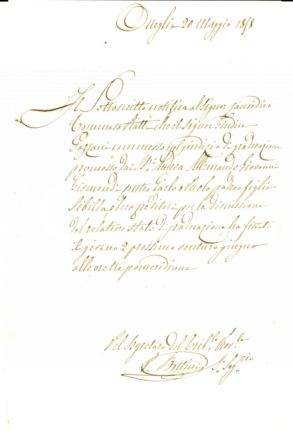 Manoscritto, lettera originale 1858 ONEGLIA IM Andrea ALLEMAND e Giovanni GISMONDI in lite contro SIBILLA 1