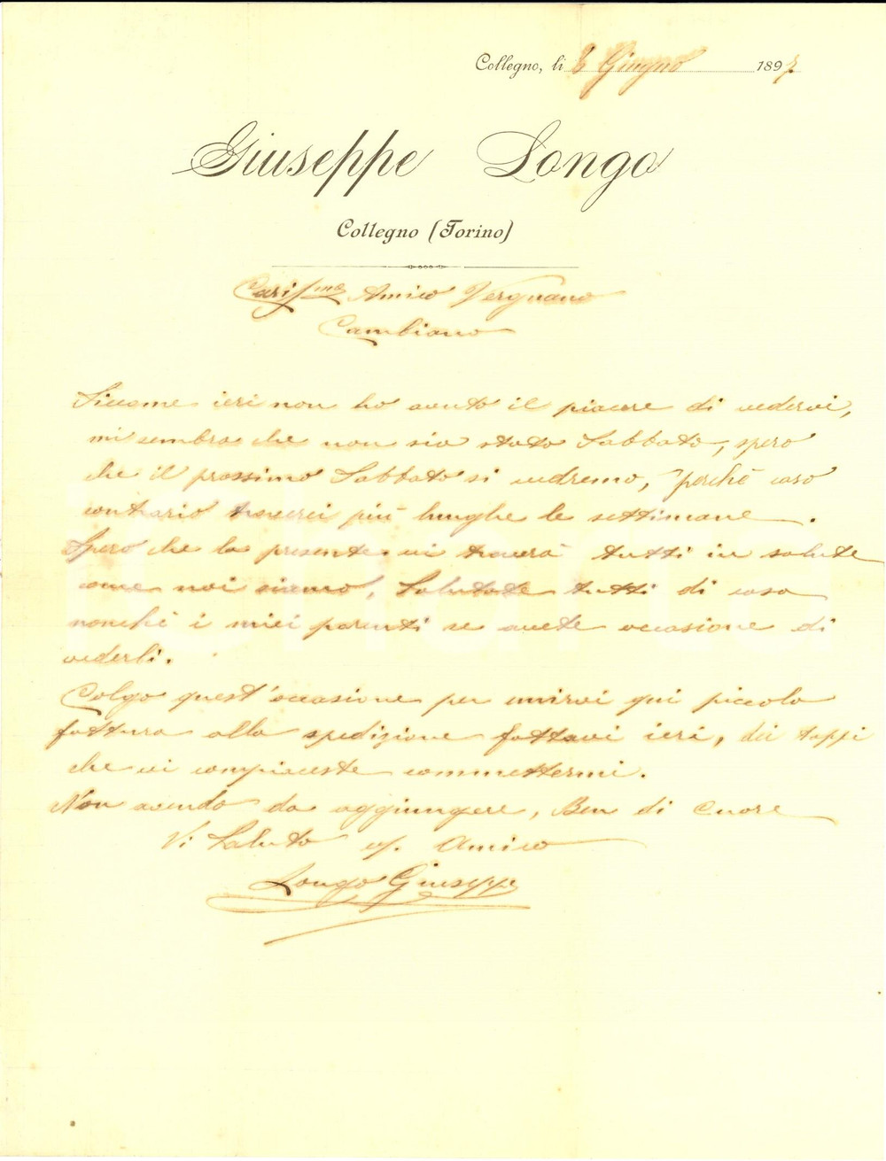 Documento originale, autentico 1897 COLLEGNO TO Giuseppe LONGO su ordine tappi dell amico VERGNANO Lettera 1