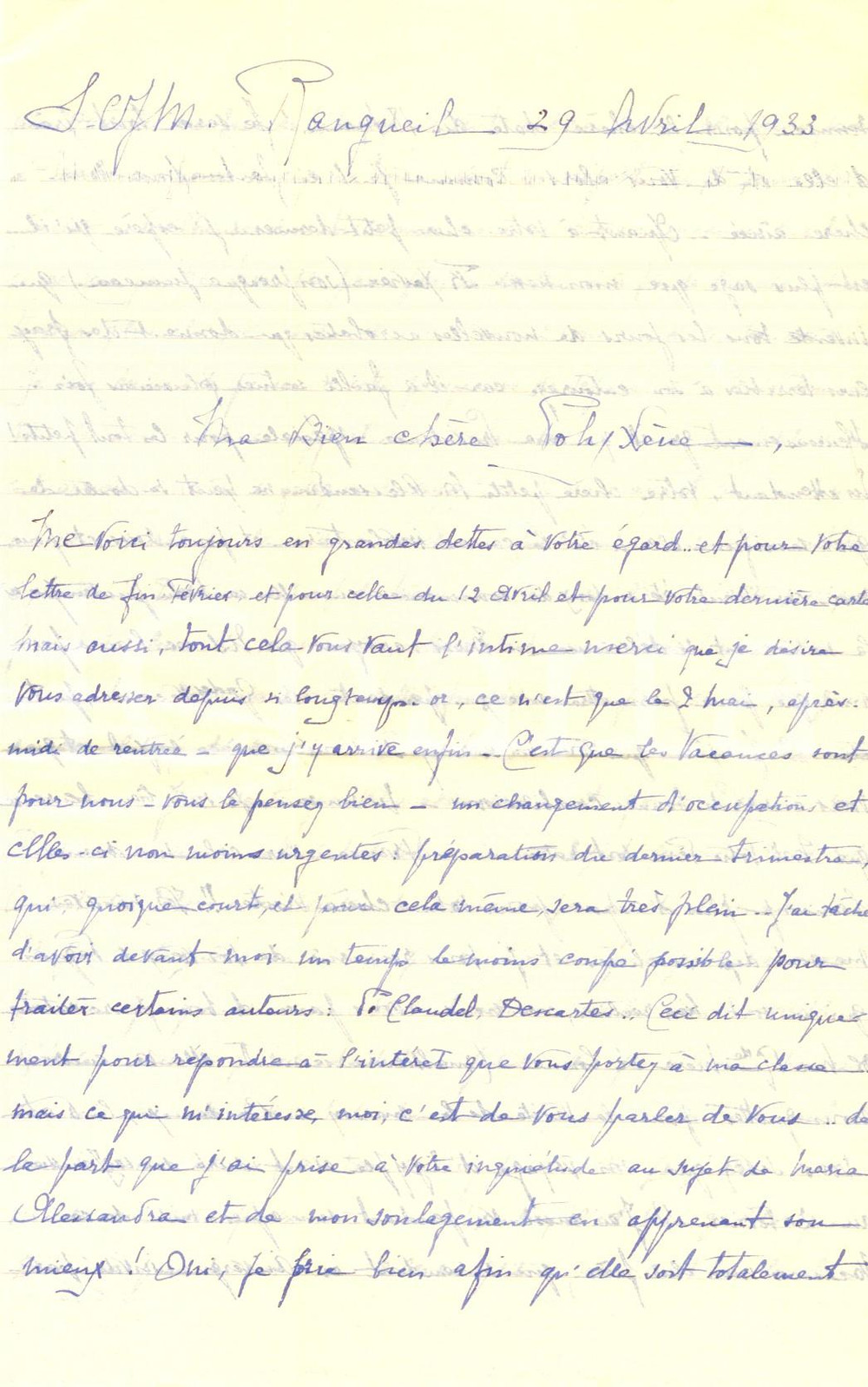 Manoscritto, lettera originale 1933 TOULOUSE RANGUEIL F Anne DE VIVIE sente la mancanza del fratello 1