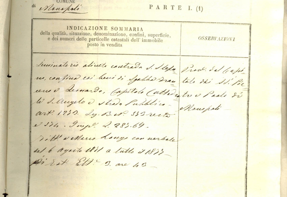 Documento originale, autentico 1874 MONOPOLI (BA) Michele CAPITANEO acquista oliveto in contrada SANTO STEFANO 1