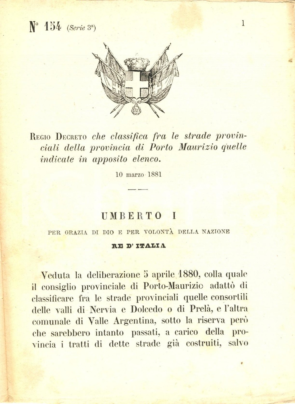 Documento originale, autentico 1881 AIROLE IM Strada in territorio DELLA POSSESSIONE non diventa provinciale 1