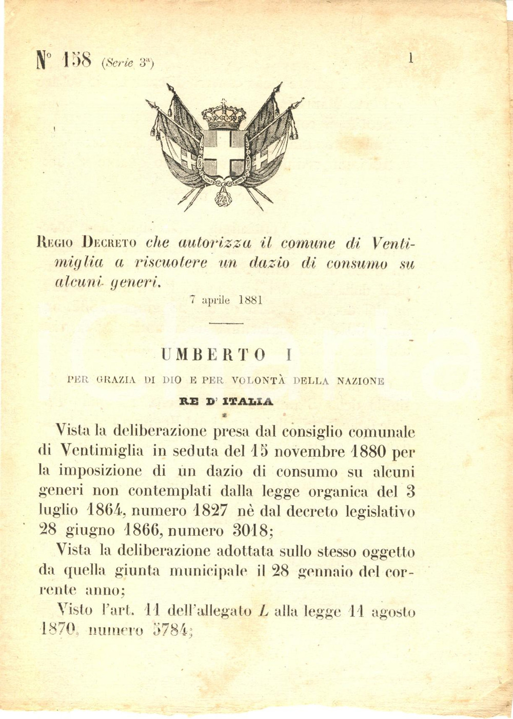 Documento originale, autentico 1881 VENTIMIGLIA IM Dazio di consumo su porcellana maiolica carta colorata 1