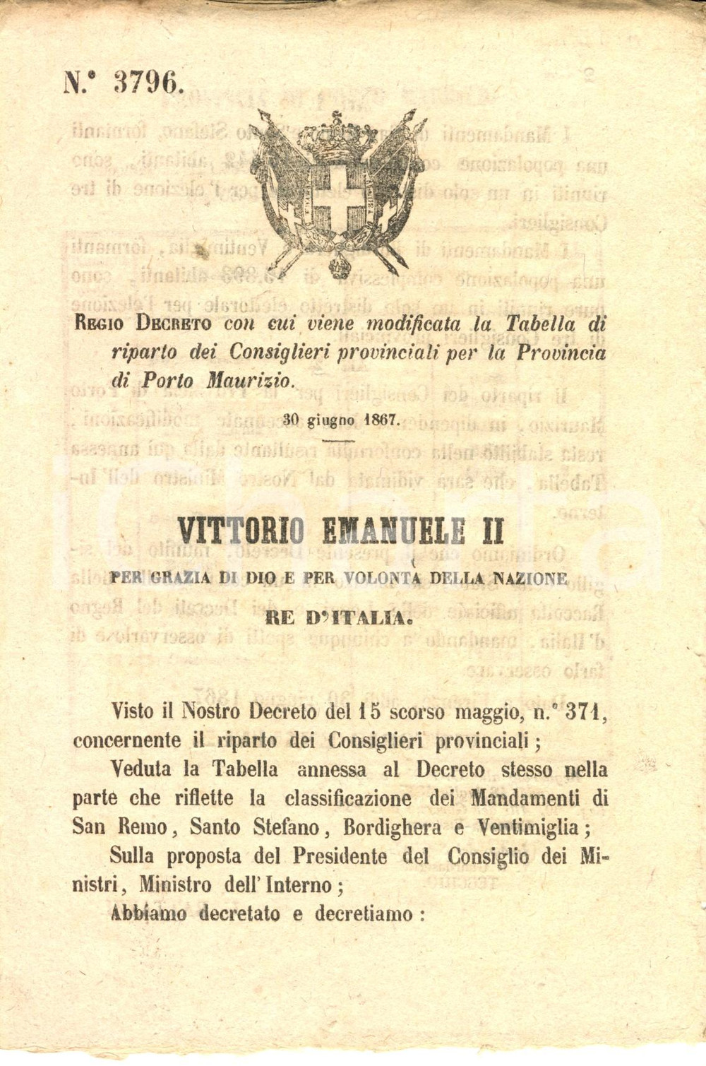 Documento originale, autentico 1867 IMPERIA Accorpamento collegi BORDIGHERA PORTO MAURIZIO SAN REMO *Decreto 1