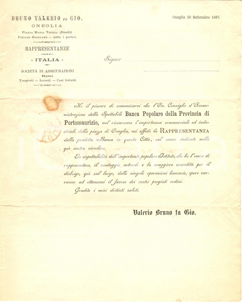 Documento originale, autentico 1887 IMPERIA Valerio BRUNO nuovo rappresentante Banca Popolare di PORTO MAURIZIO 1