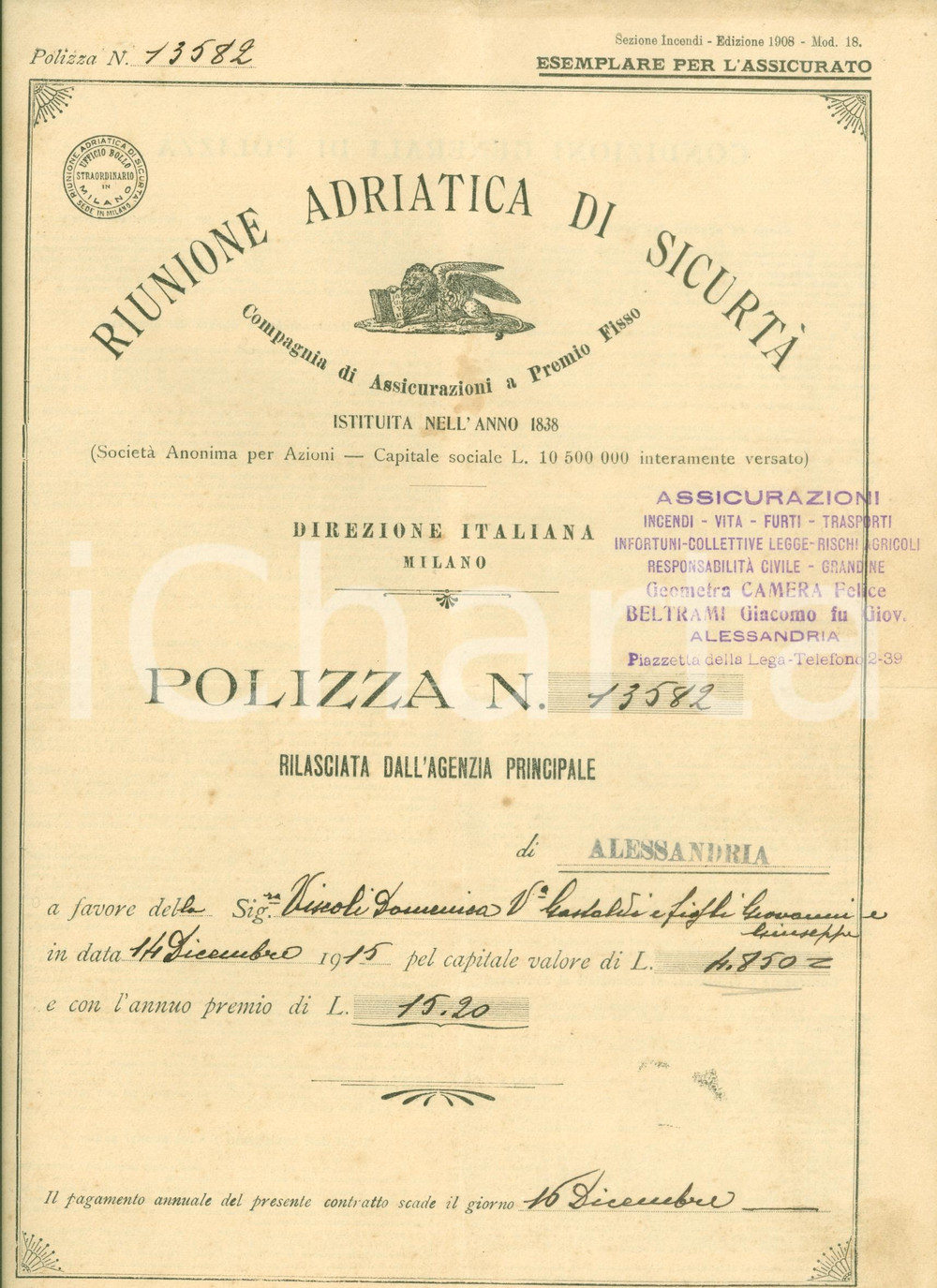 Documento originale, autentico 1919 CANTALUPO AL Riunione Adriatica SicurtÃ  Domenica VISCOLI assicura casa 1