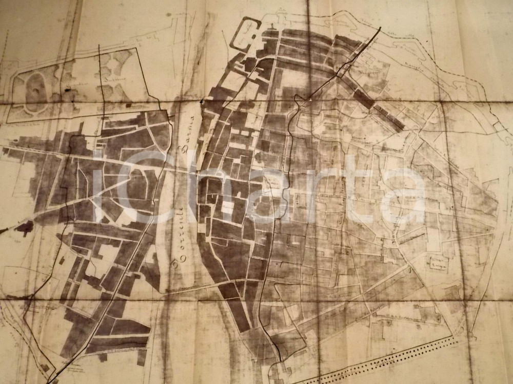 Stampa, bozzetto originale 1910 ca PARMA Pianta della città con indicazione di canali e canalette di scolo 1