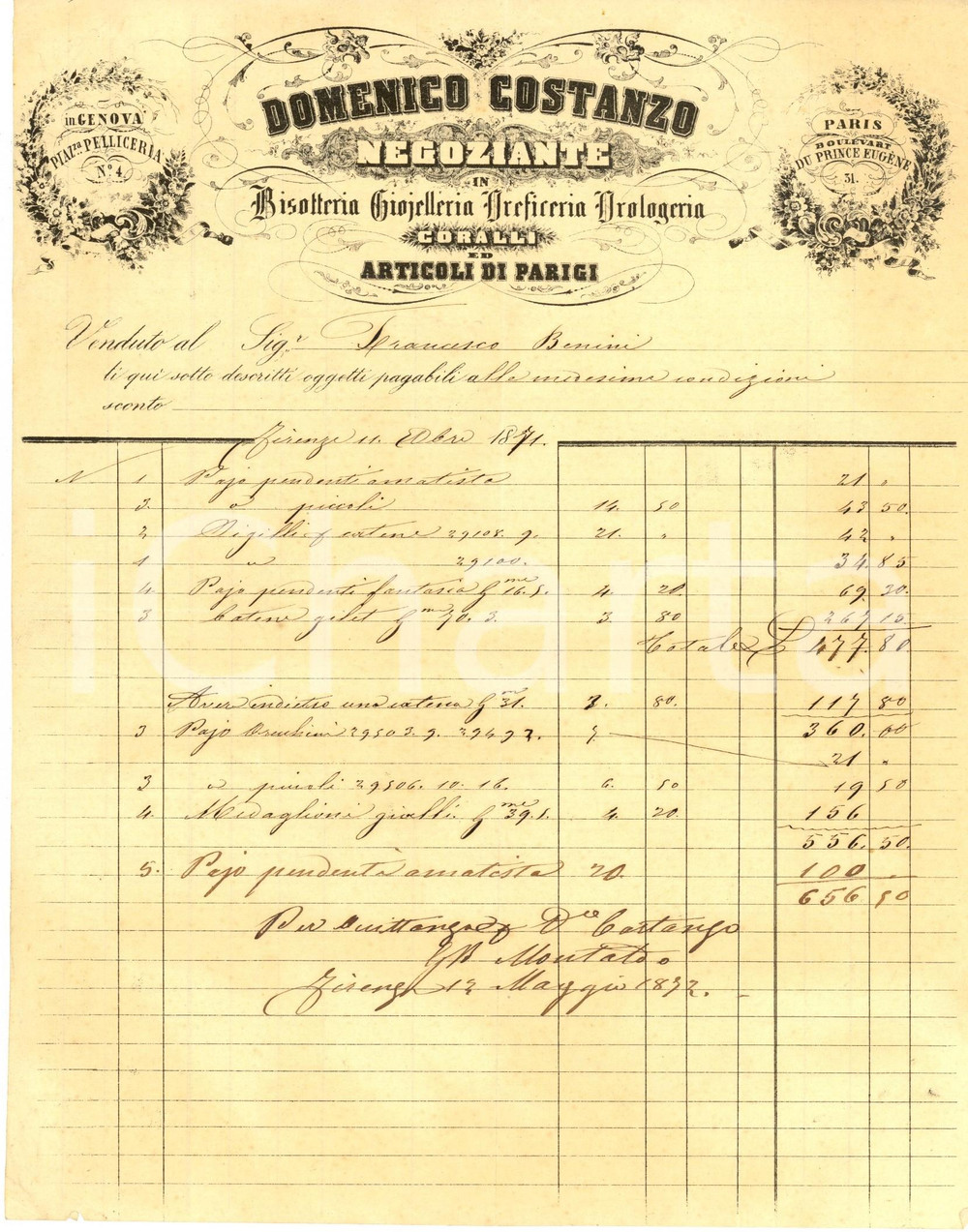 Documento originale, autentico 1871 FIRENZE Domenico COSTANZO Gioielleria e articoli di Parigi Fattura 1