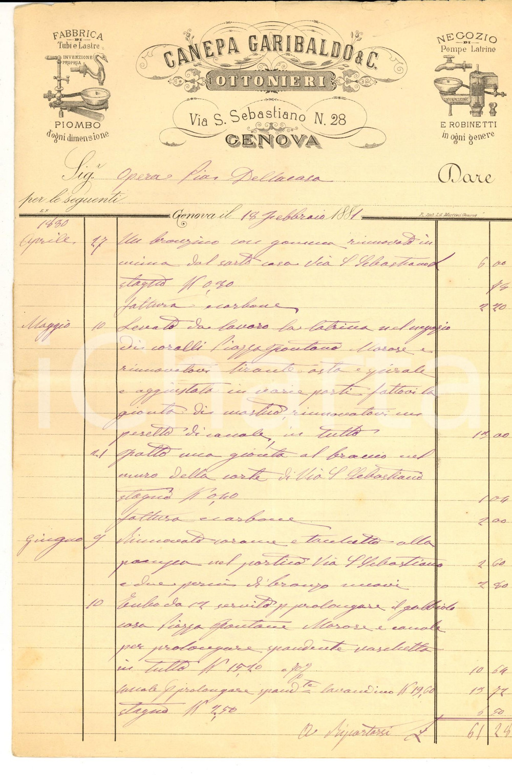 Documento originale, autentico 1881 GENOVA via S. Sebastiano  Garibaldo CANEPA Pompe e latrine  Conto lavori 1