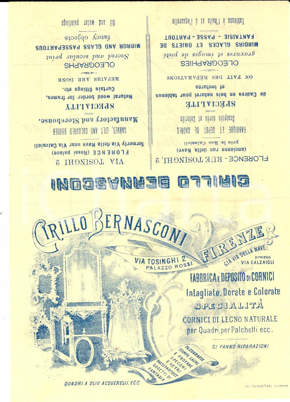 Documento originale, autentico 1903 FIRENZE Cirillo BERNASCONI Fabbrica e deposito di cornici Fattura 1