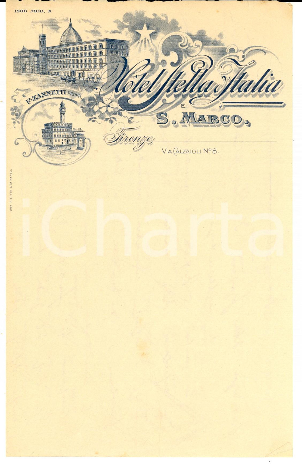 Documento originale, autentico 1900 ca FIRENZE Hotel STELLA D ITALIA E SAN MARCO Carta intestata 1