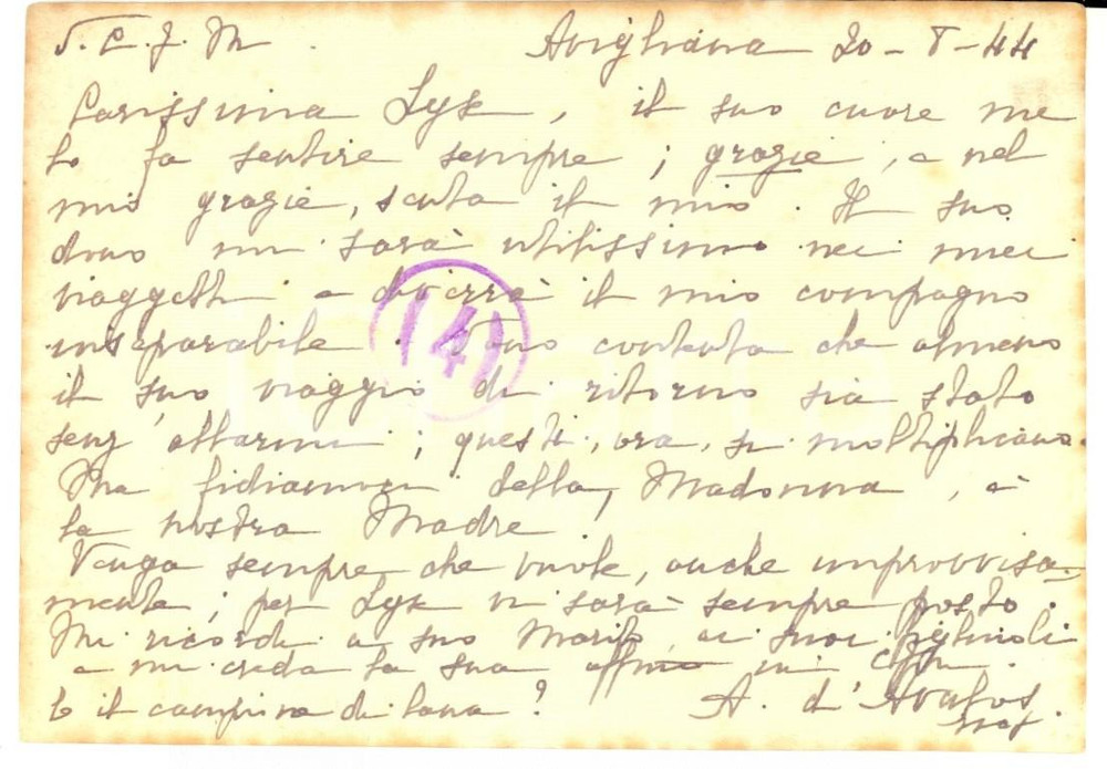 Autografo originale 1944 AVIGLIANA TO Anna d AVALOS ringrazia per un dono AUTOGRAFO 1