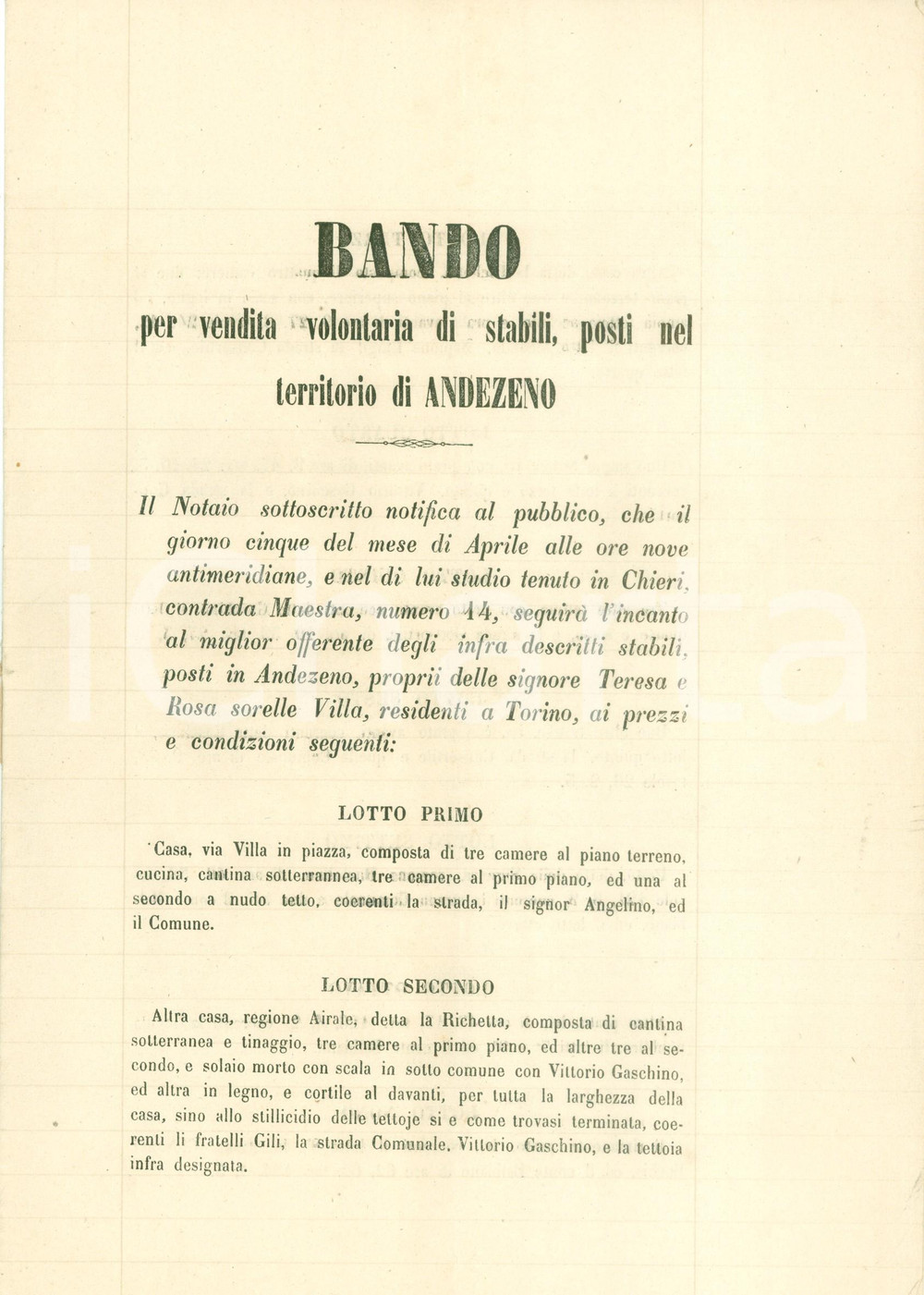 Documento originale, autentico 1876 ANDEZENO (TO) Vendita all'asta dei beni delle sorelle Teresa e Rosa VILLA 1