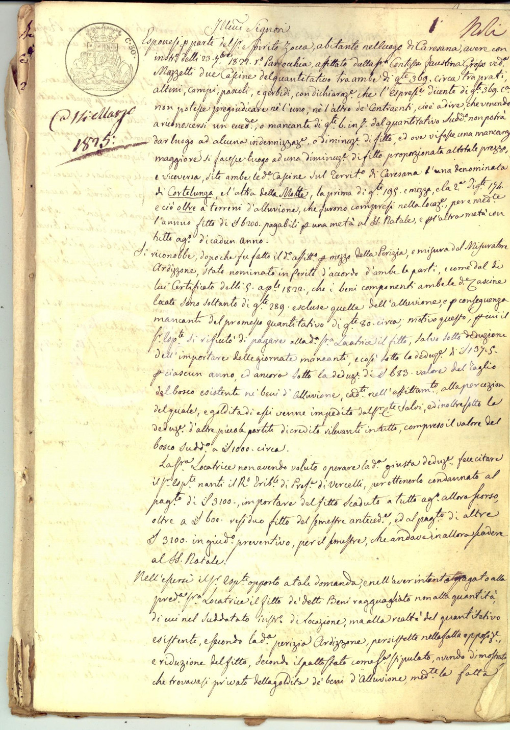 Documento originale, autentico 1825 CARESANA Lite contessa Faustina GROSSO e Spirito ZOCCA su terre alluvionali 1