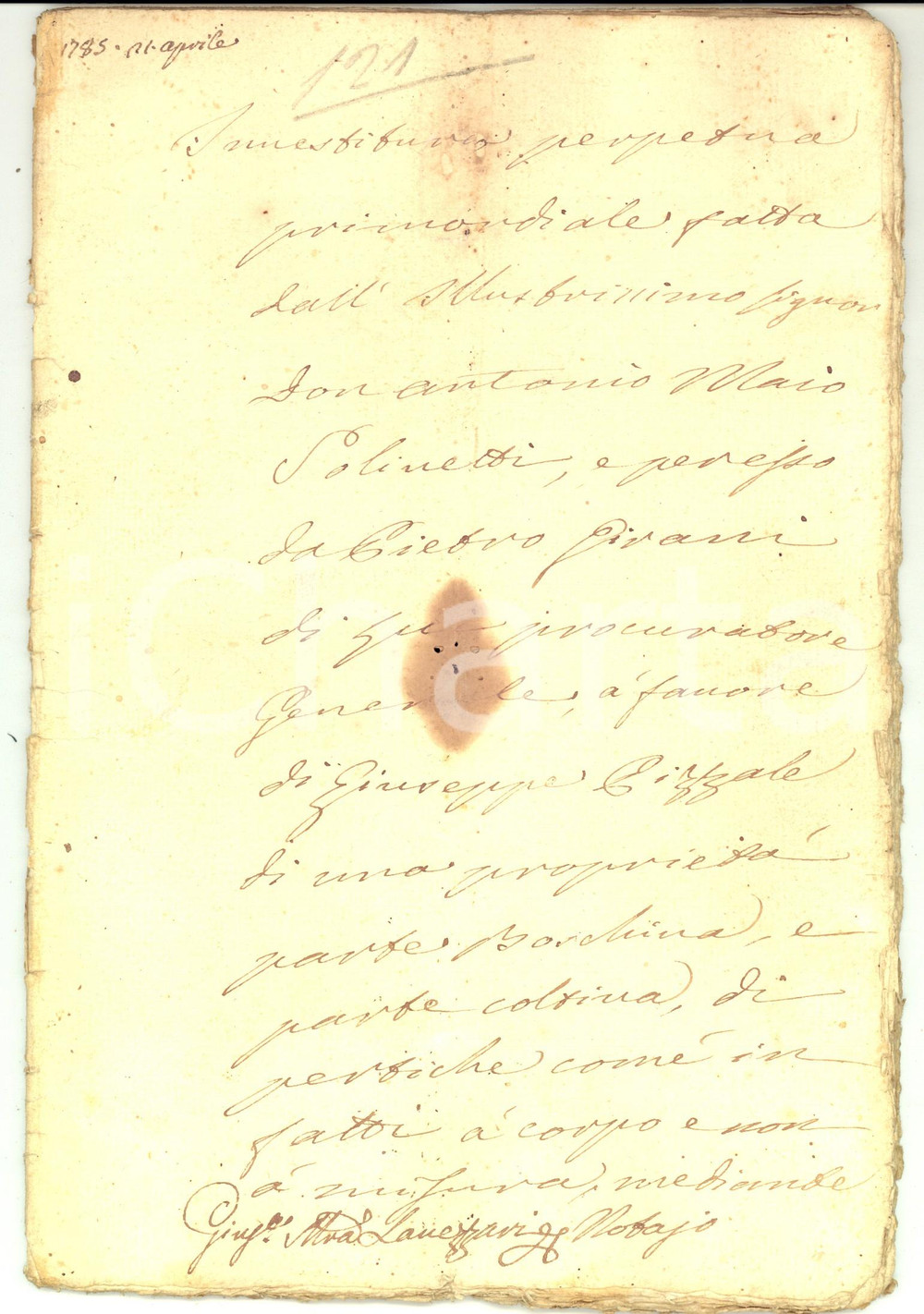 Documento originale, autentico 1785 TORRAZZA COSTE PV Investitura Pietro GIRANI pro Giuseppe PIZZALE 30 pp. 1