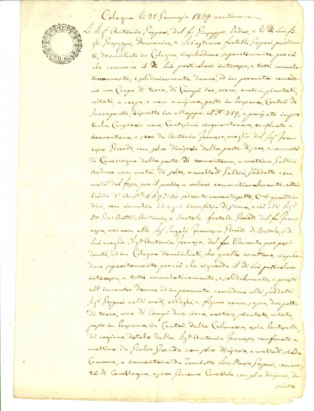 Documento originale, autentico 1829 PRESSANA VR Permuta terre famiglie GASPARI e GIRARDI 1