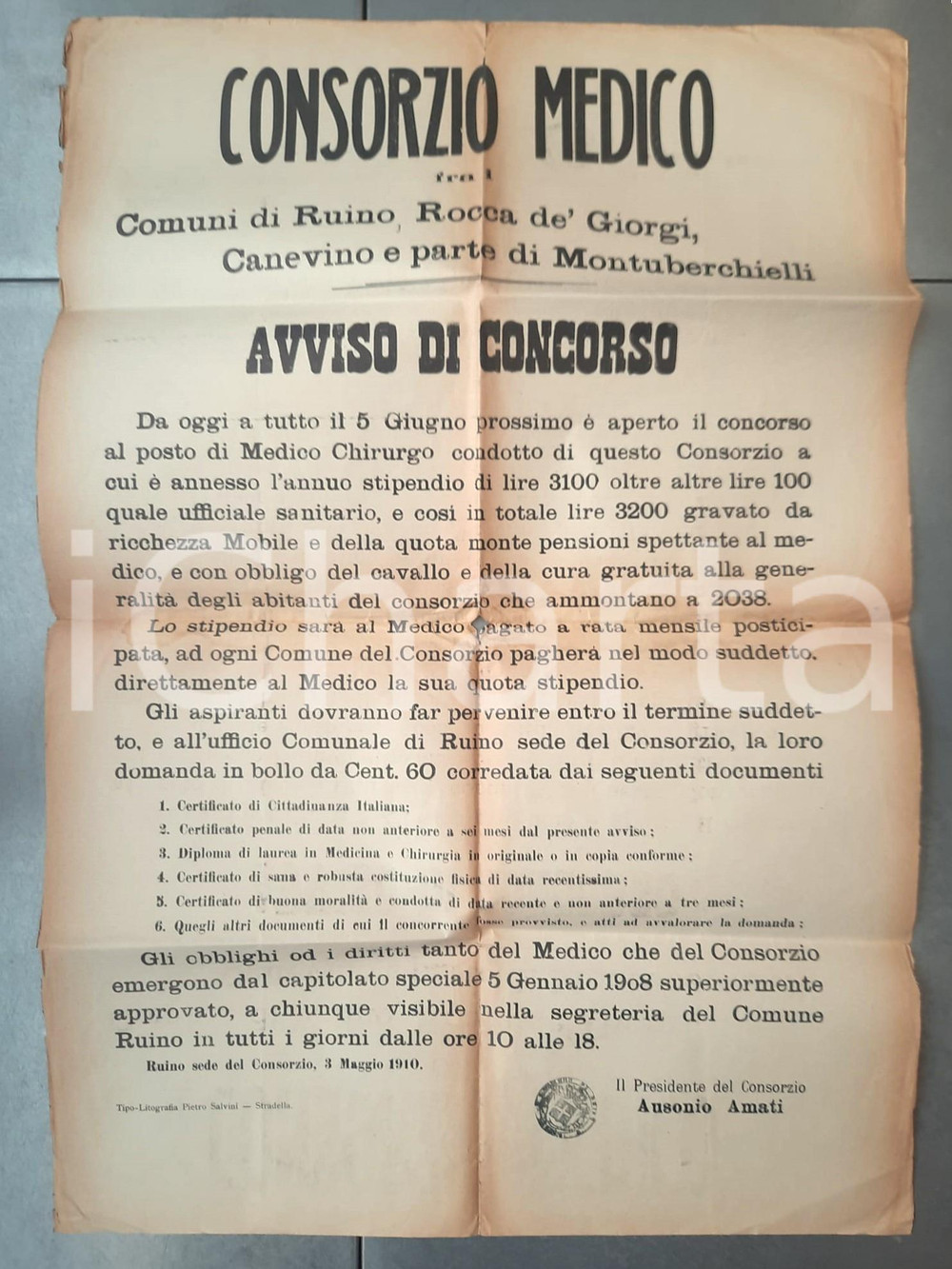 Documento originale, autentico 1910 RUINO (PV) Concorso medico chirurgo per consorzio comunale MANIFESTO 1