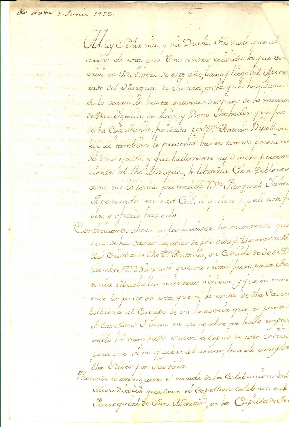 Documento originale, autentico 1758 VALENCIA Don Esteban PELEGRI  a don Pedro RIPOLL Y MANCA su cappellania 1