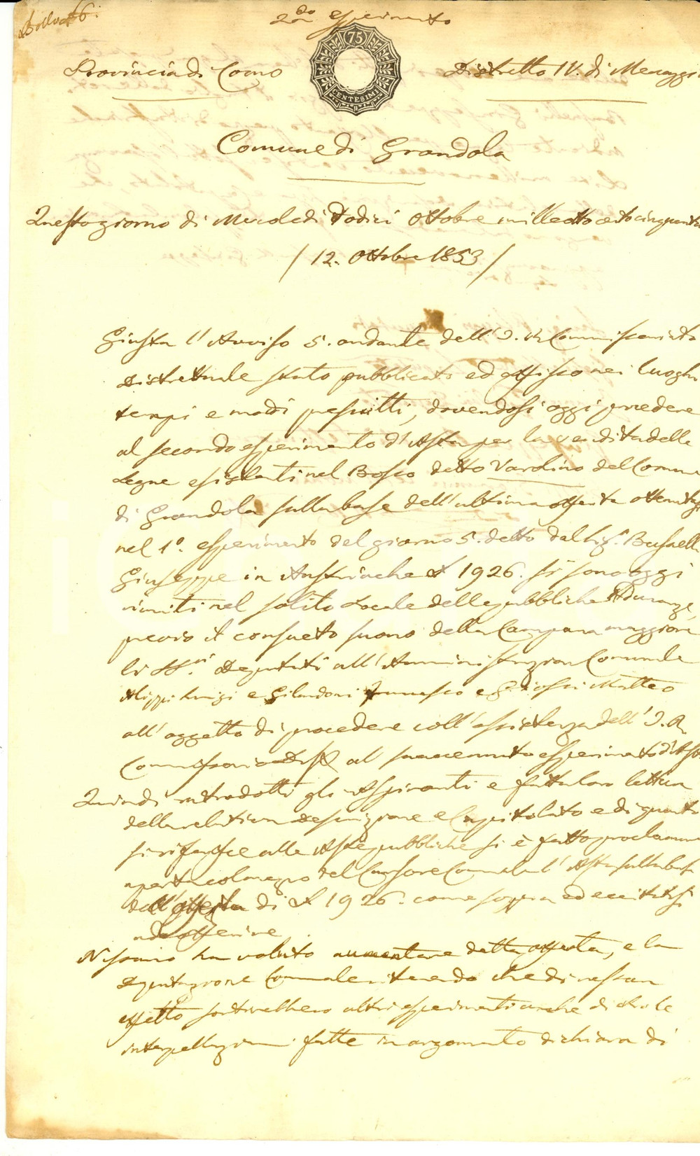 Documento originale, autentico 1853 GRANDOLA ED UNITI (CO) Asta sulla legna del bosco VAROLINO 1