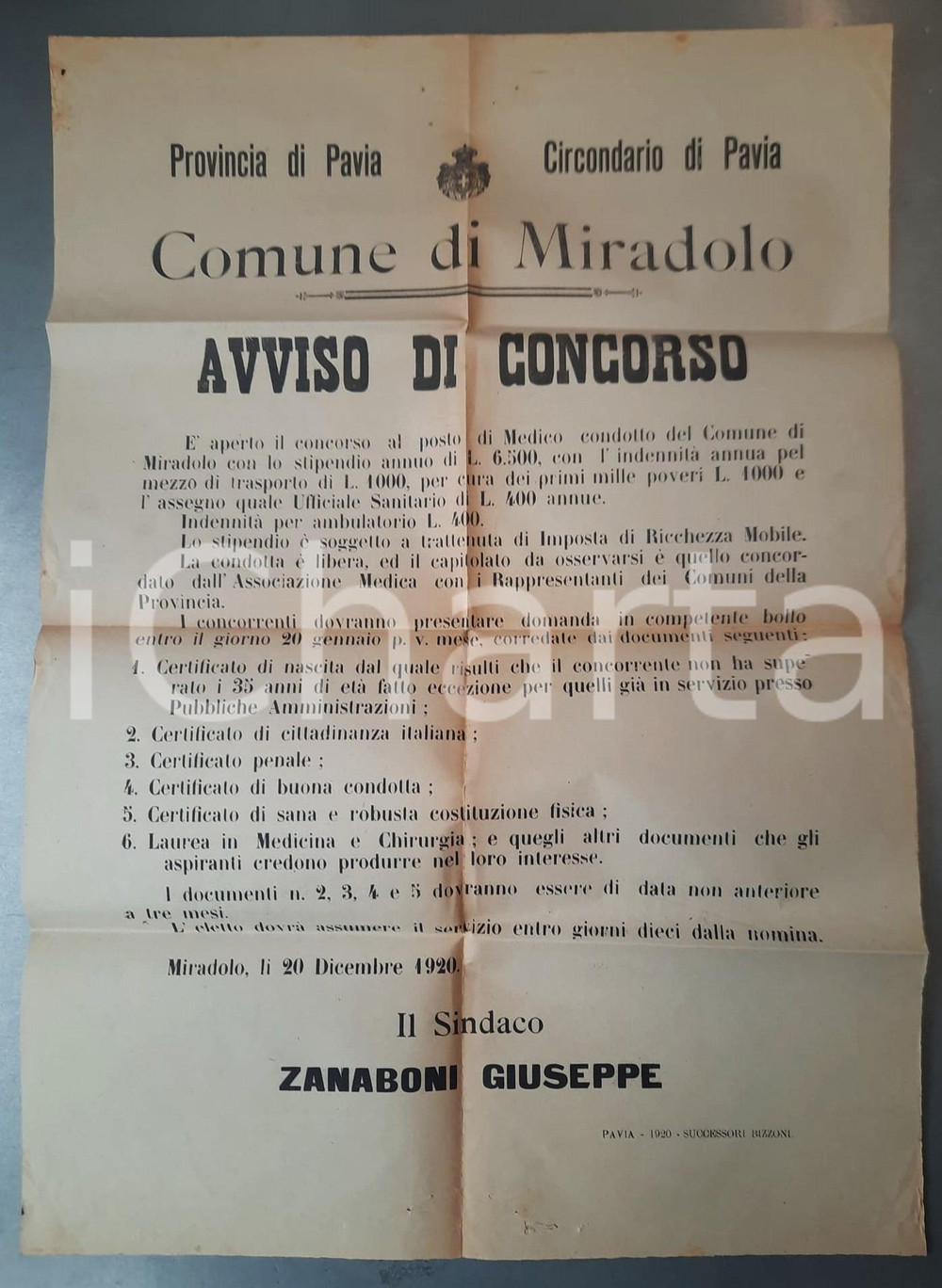 Documento originale, autentico 1920 MIRADOLO TERME PV Concorso per medico condotto MANIFESTO 1