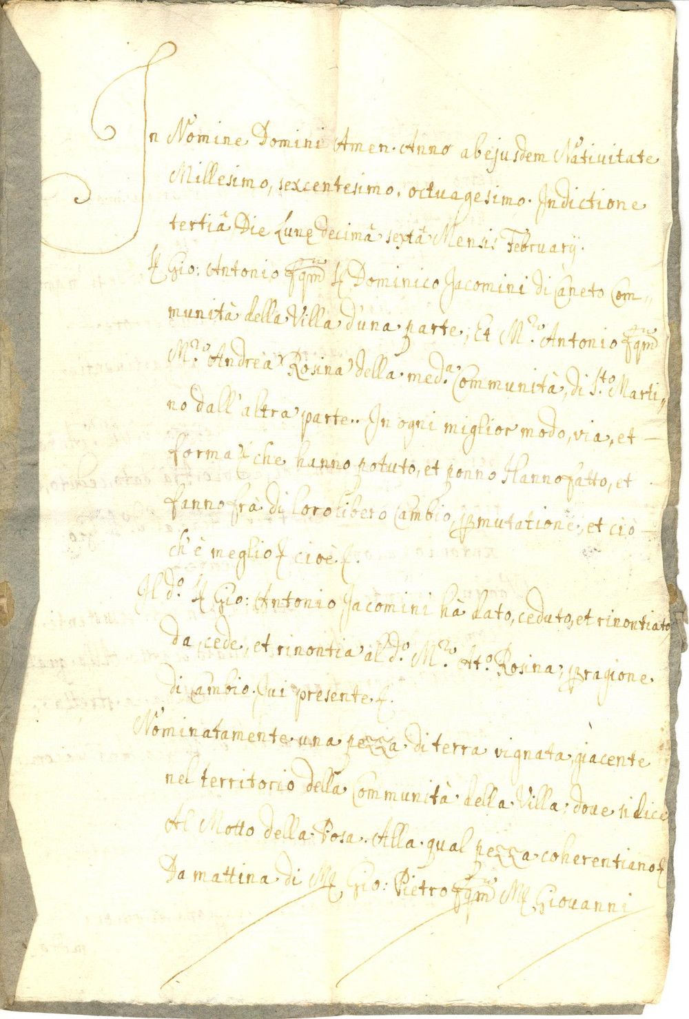 Documento originale, autentico 1680 VILLA DI CHIAVENNA Permuta tra Giovanni Antonio GIACOMINI e Andrea ROSINA 1