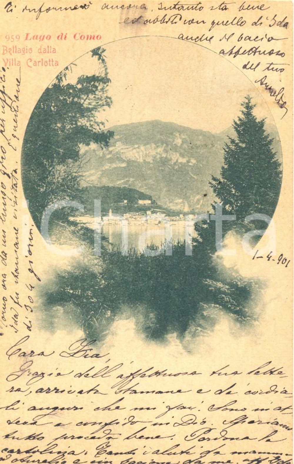 Cartolina originale da collezione 1901 BELLAGIO Veduta da Villa Carlotta Cartolina ad Antonietta ARIOLIDOLCI 1