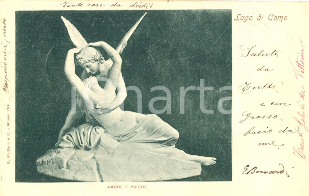 Fotografia d epoca originale 1905 PALANZO Lago di COMO Amore e Psiche Cartolina postale FP VG 1