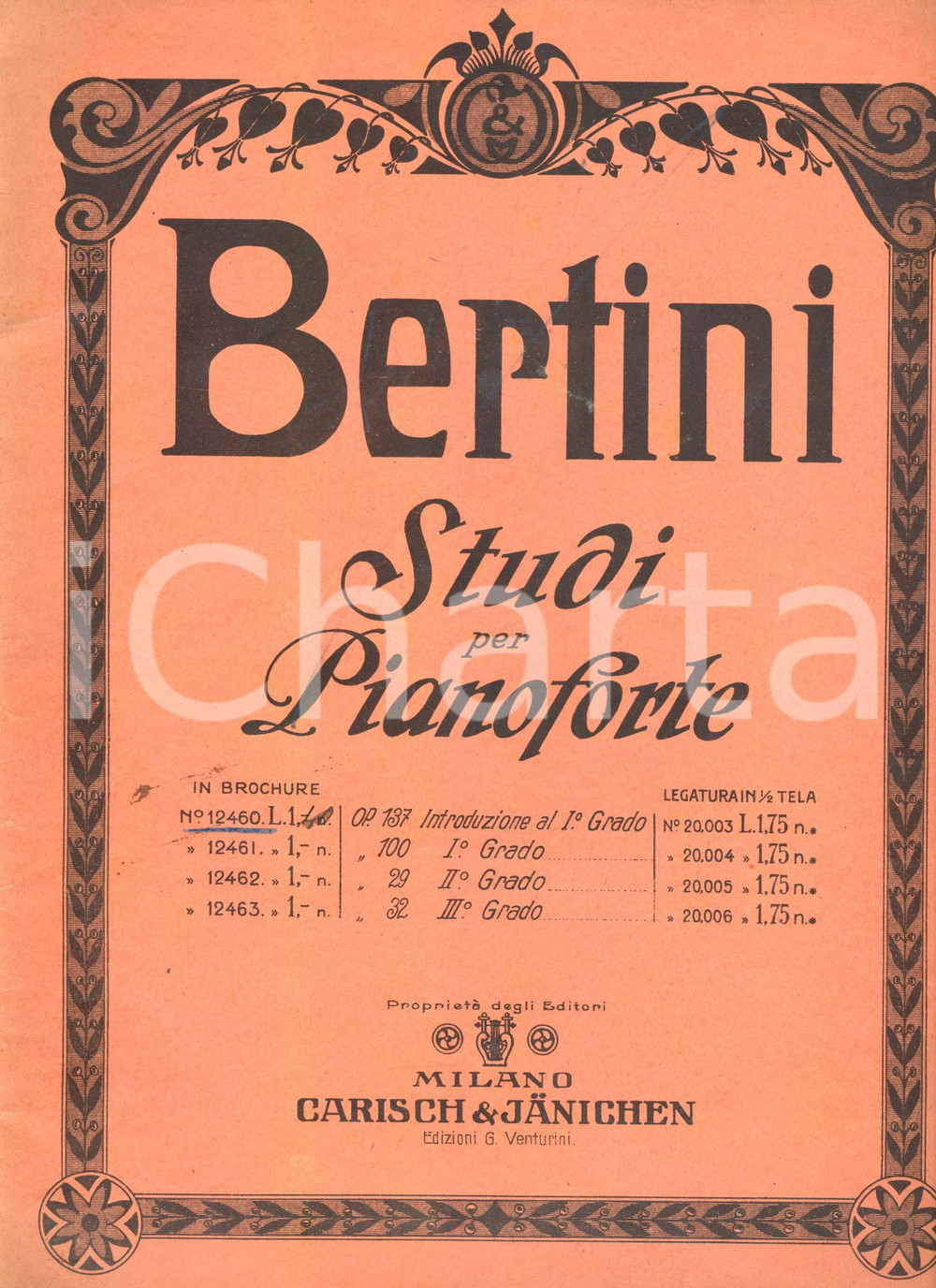 Oggetto da collezione cartaceo 1950 ca Enrico BERTINI Studi per pianoforte MILANO Ed. CARISCH & JANICHEN 1