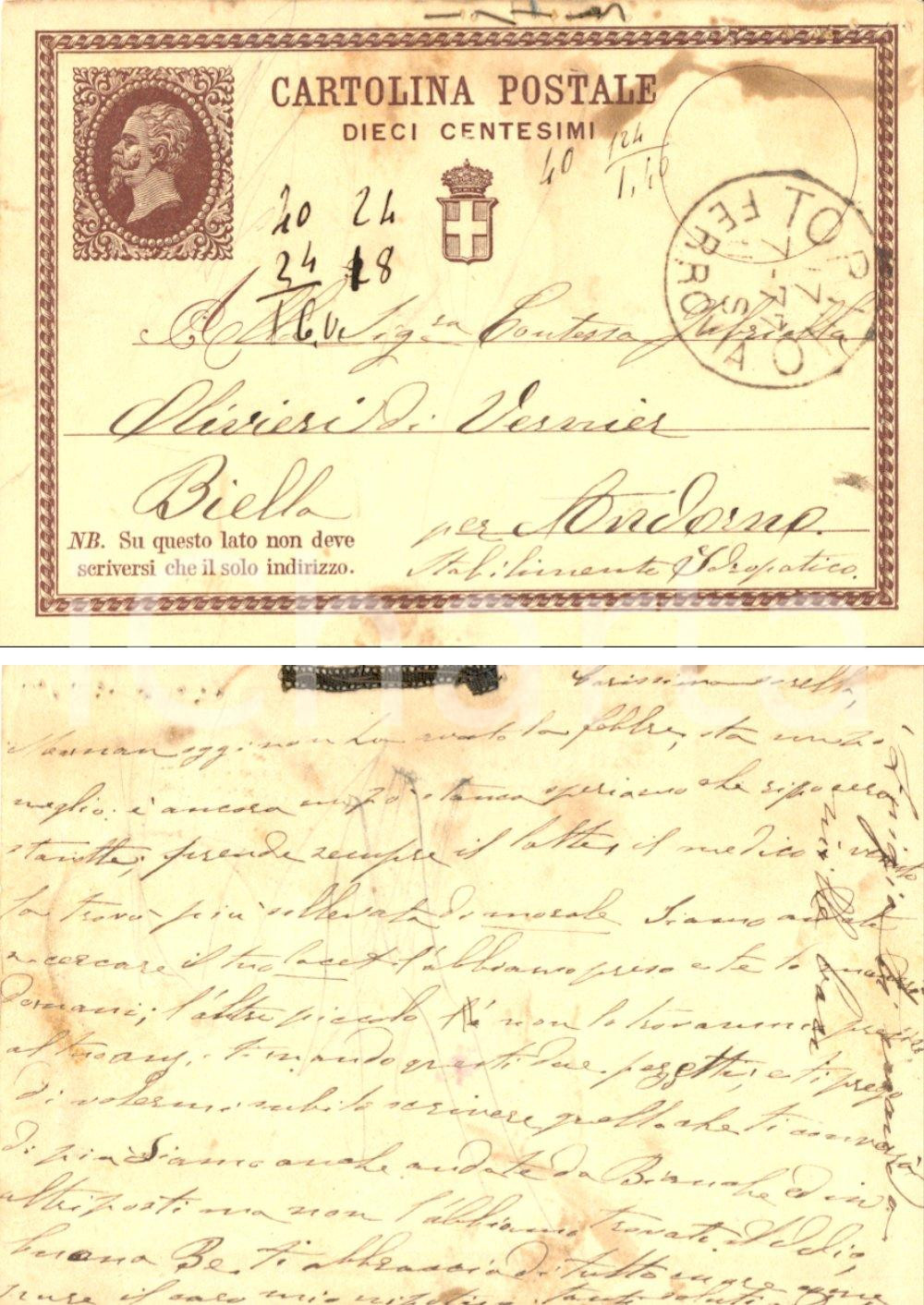 Autografo originale 1877 TORINO Angelica REVIGLIO DELLA VENERIA cerca nastro alla sorella AUTOGRAFO 1