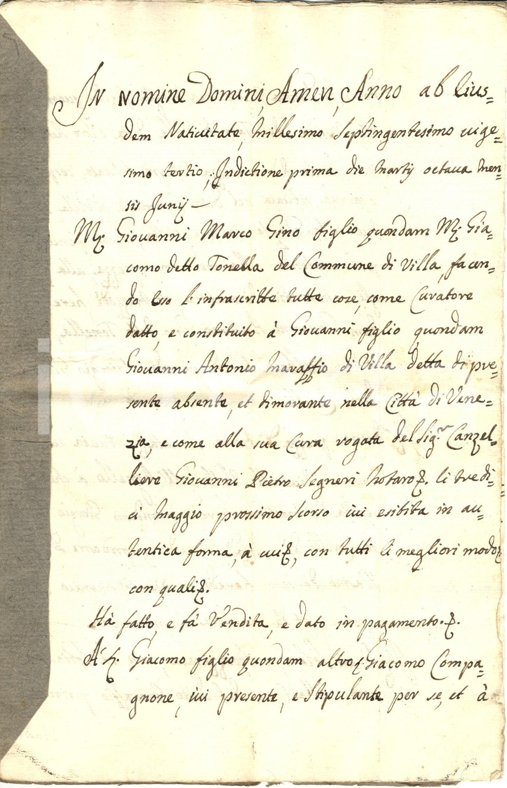 Documento originale, autentico 1723 VILLA DI CHIAVENNA (SO) Giovanni Marco GINO vende stalla con fienile 1