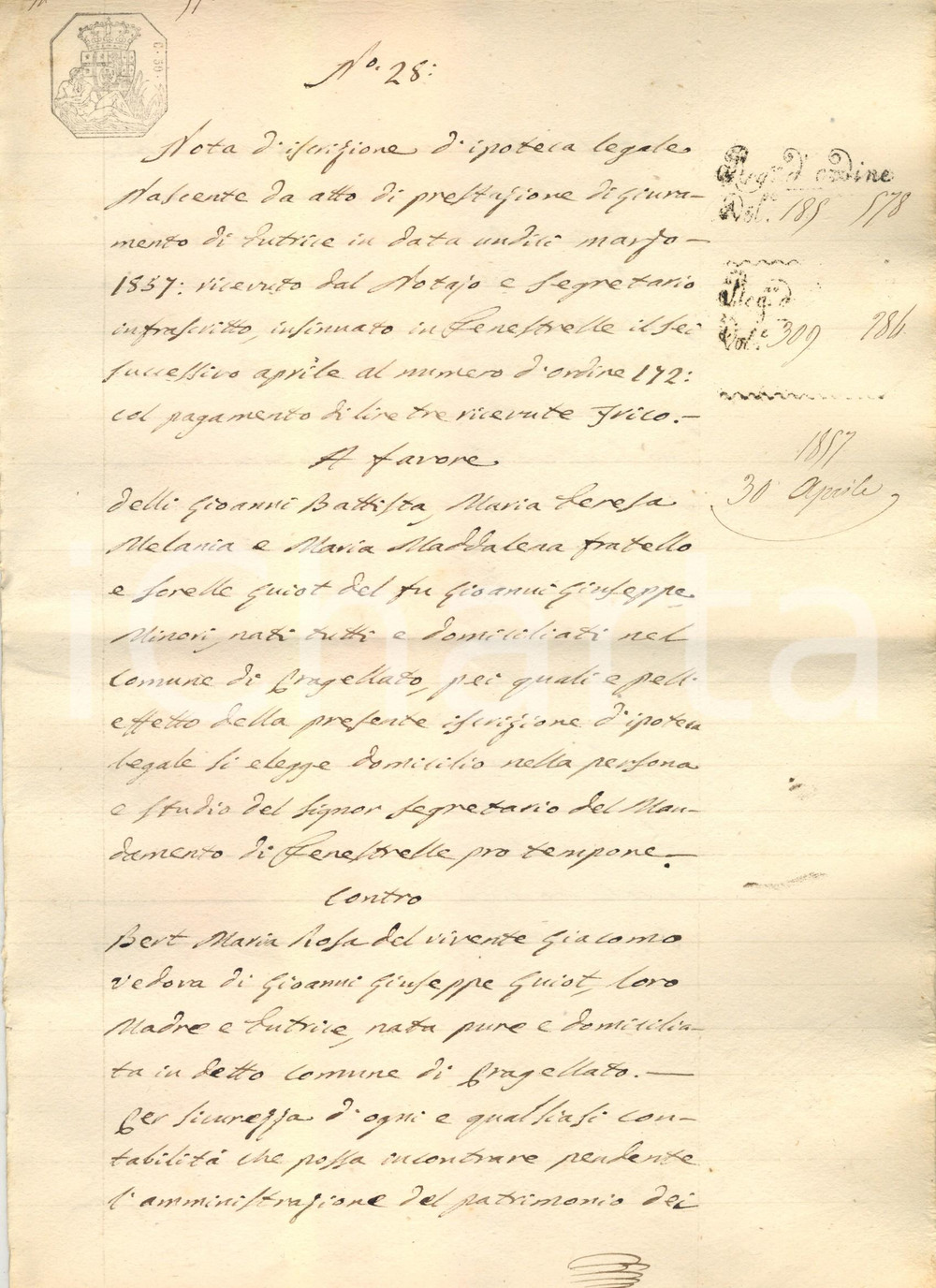 Documento originale, autentico 1857 PRAGELATO (TO) Iscrizione contro vedova Maria Rosa BERT GUIOT *Manoscritto 1