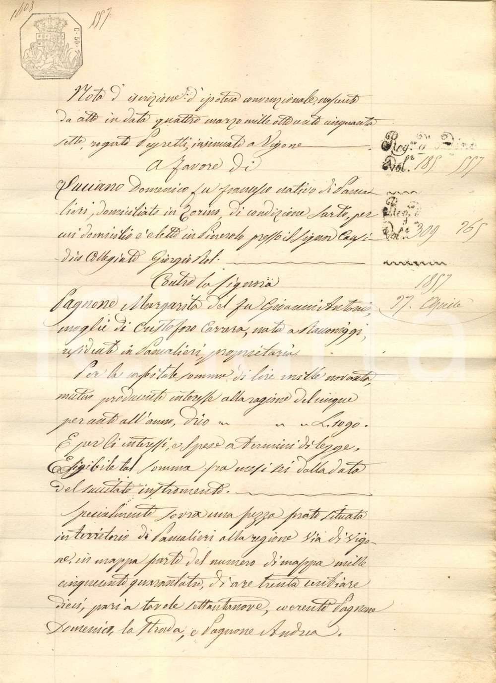 Documento originale, autentico 1857 PANCALIERI (TO) Iscrizione su prato di Margherita PAGNONE per debiti 1