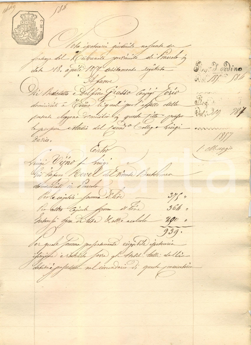 Documento originale, autentico 1857 PINEROLO (TO) Iscrizione Benedetto GRASSO vs debitore Luigi VIJNO 1