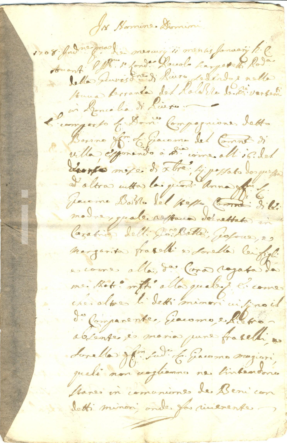 Documento originale, autentico 1708 VILLA DI CHIAVENNA (SO) Domenico COMPAGNONE divide beni con fratelli minori 1