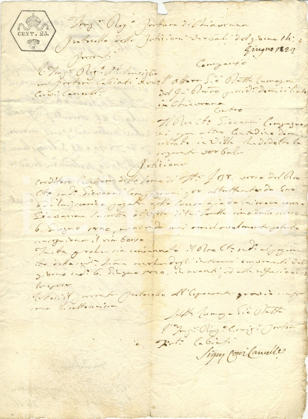Documento originale, autentico 1822 CHIAVENNA (SO) Giovanni Battista LUMAGA in Tribunale contro debitore 1