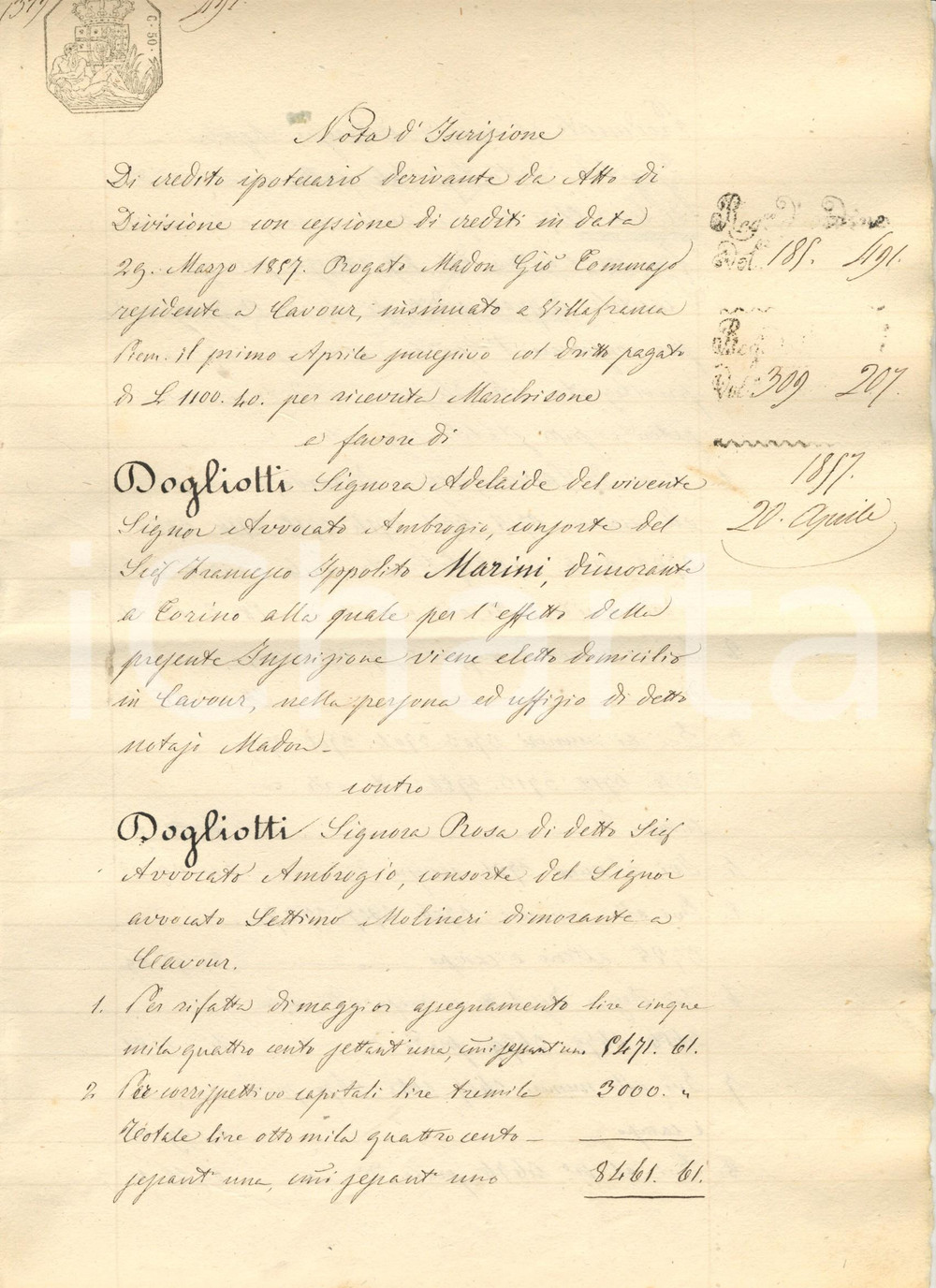 Documento originale, autentico 1857 CAVOUR (TO) Adelaide DOGLIOTTI chiede garanzia su beni della sorella 1
