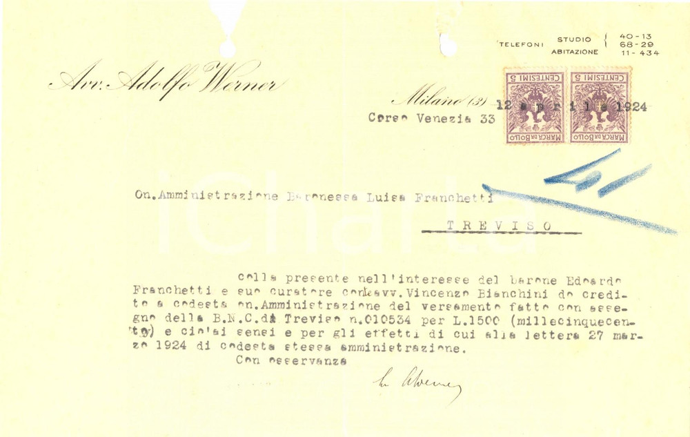 Documento originale, autentico 1924 MILANO Avv. Adolfo WERNER pro cliente barone Edoardo FRANCHETTI 1