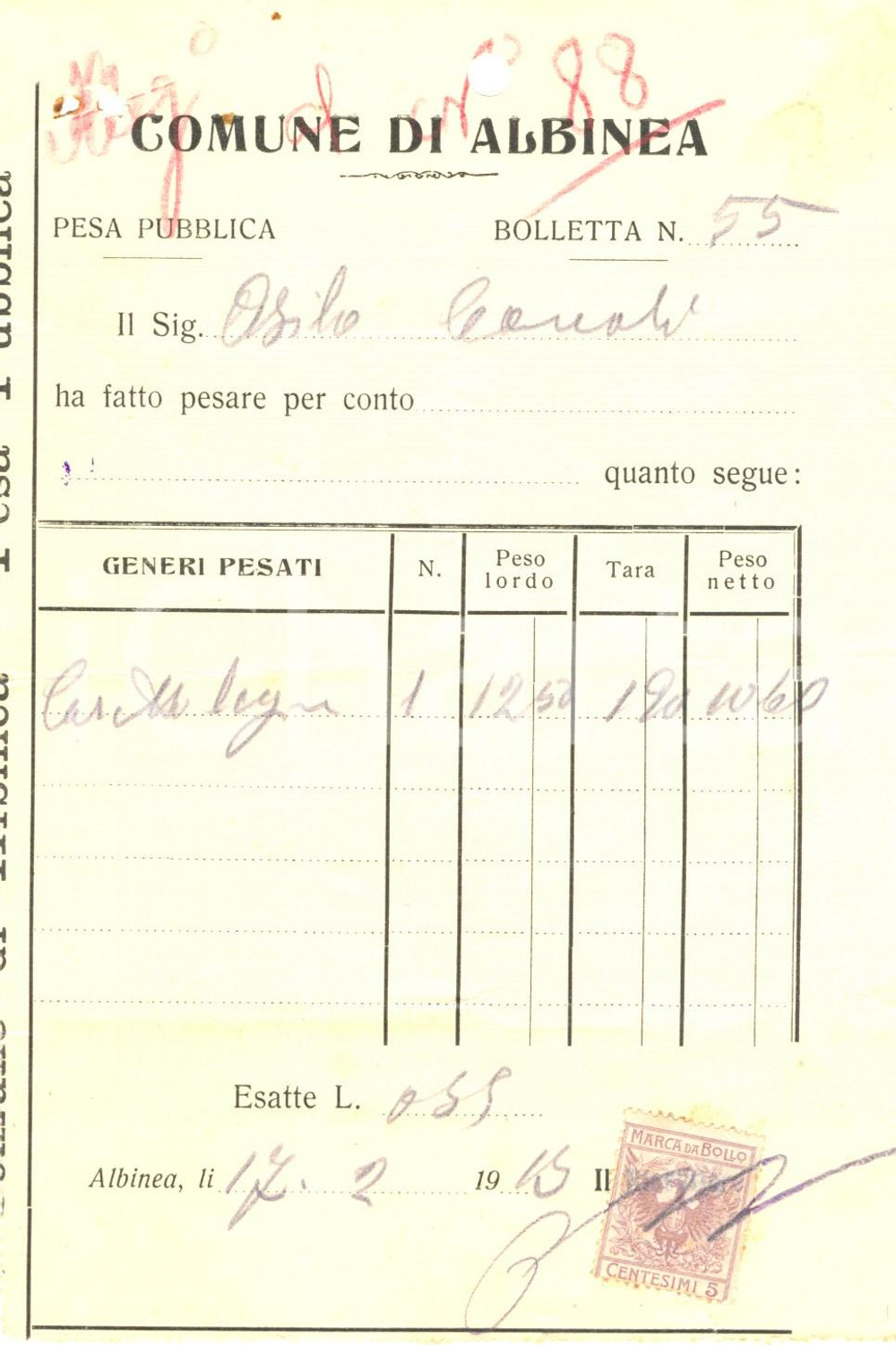 Documento originale, autentico 1945 ALBINEA RE Ricevuta pesa pubblica per cassetta di legna 1