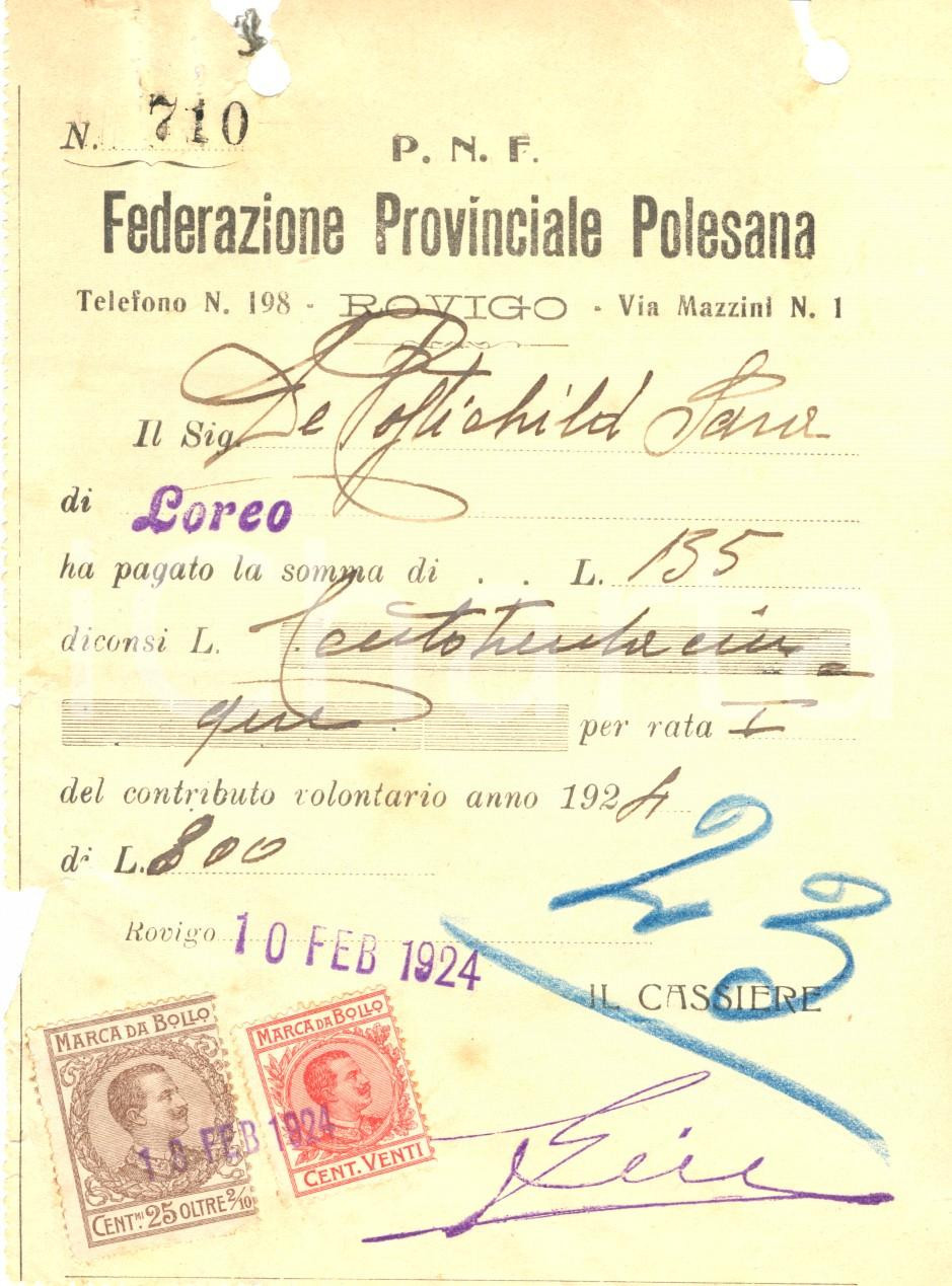 Documento originale, autentico 1924 PNF ROVIGO Federazione POLESANA  Contributo baronessa Sara ROTSCHILD 1