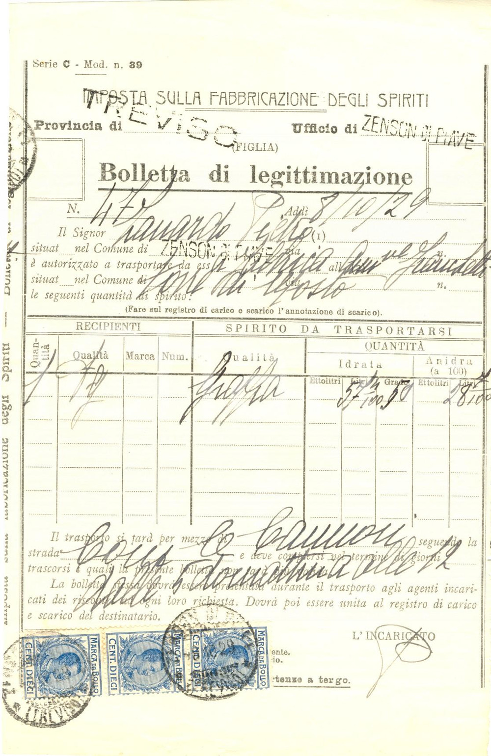 Documento originale, autentico 1929 ZENSON DI PIAVE (TV) Bolletta di legittimazione per trasporto di grappa 1